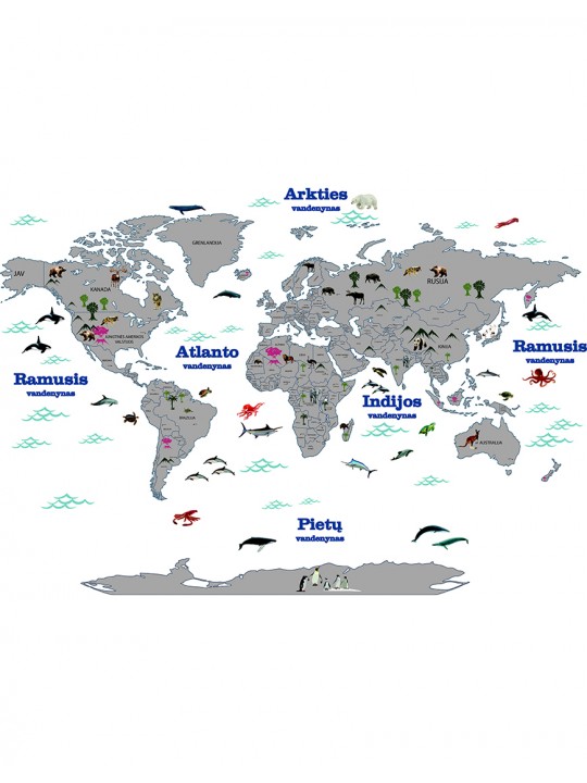 Pasaulio šalių žemėlapis lietuvių kalba su gyvūnais . Interjero detalė